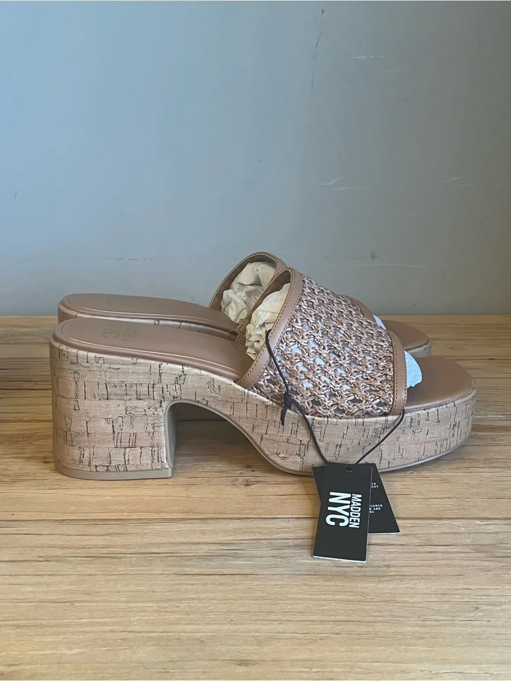 Madden NYC Tan Woven Platform Cork Slide Sandals-NIB